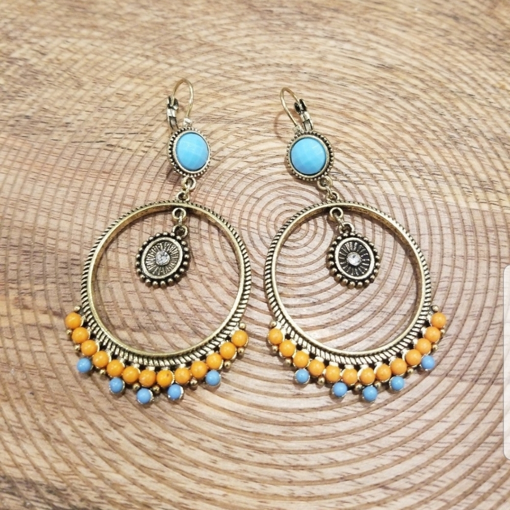 New Boho Earrings Drop Blue Beads Bronze Chandelier Gold Orange Round Vintage